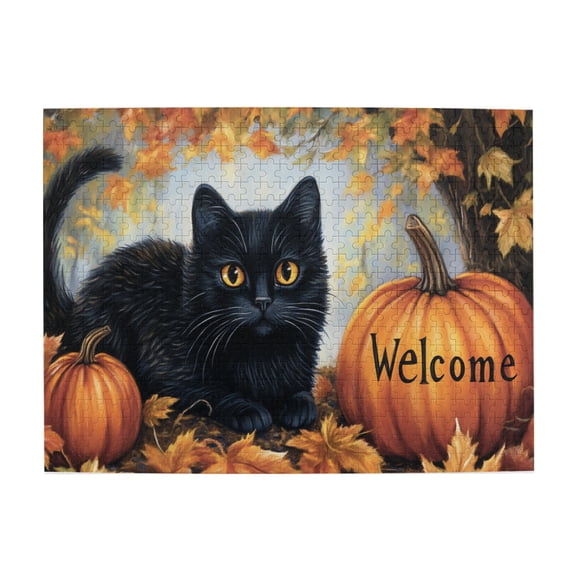 500 PCS Welcome Slogan Black Cat Pumpkin Puzzles For Adults 500 Pieces,Stress Relieving Pleasure,Brain Challenge,Unique And Beautiful Design,Funny Black Cat Wooden Jigsaw,Wonderful Imagination
