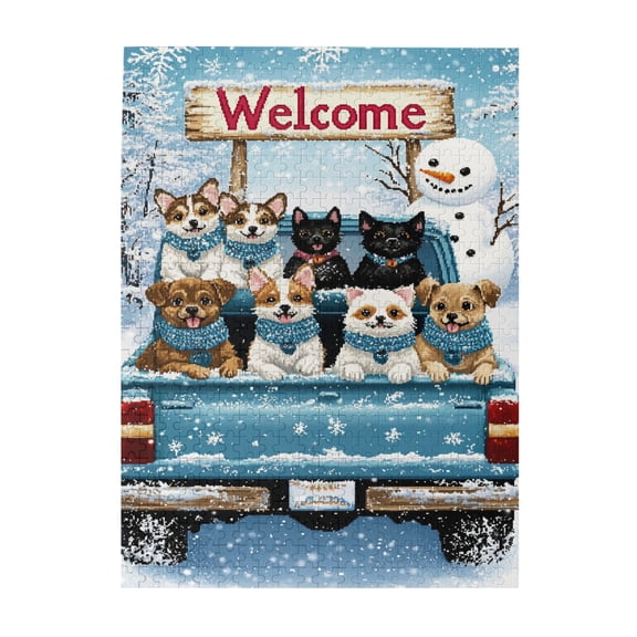 500 PCS Welcome Slogan The Dog In The Car Wooden Puzzles 500 Piece,Enjoy The Puzzle Solving Process,Pixel Style Animal Stress Relieving Puzzle,Great For Relaxation And Display For Puzzle Lovers