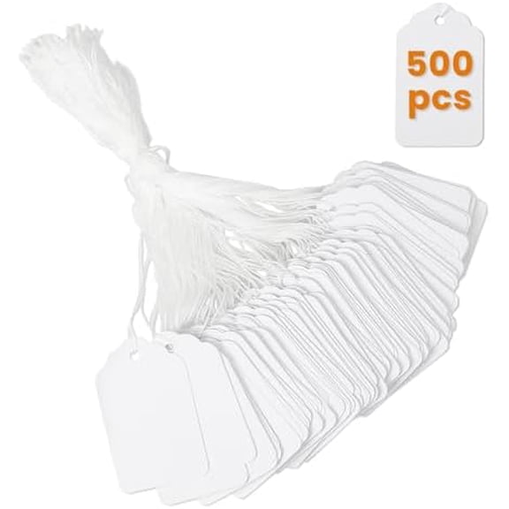 500 PCS White Price Tags with String Attached1.75 x 1.1 Inches, Blank Labeling Tags for Gift Bags, Hanging, Clothing, Jewelry, Garage/Yard Sale, Inventory, 250 GSM