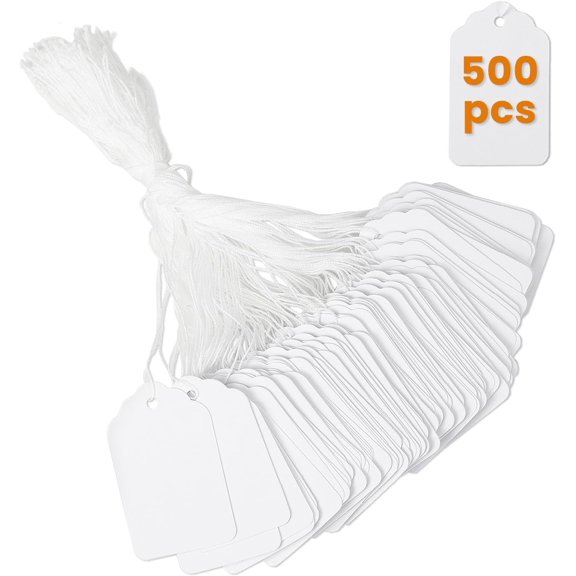 500 PCS White Price Tags with String Attached1.75 x 1.1 Inches, Blank Labeling Tags for Gift Bags, Hanging, Clothing, Jewelry, Garage/Yard Sale, Inventory, 250 GSM