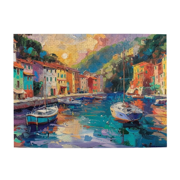 500 PCS jigsaw Wooden puzzles 500 pieces Small fishing boat,Stunningly Vibrant Colors,Vintage Oil Painting Style Small fishing boat Puzzle,Impossible Hard Difficult Challenging Puzzles for Adults