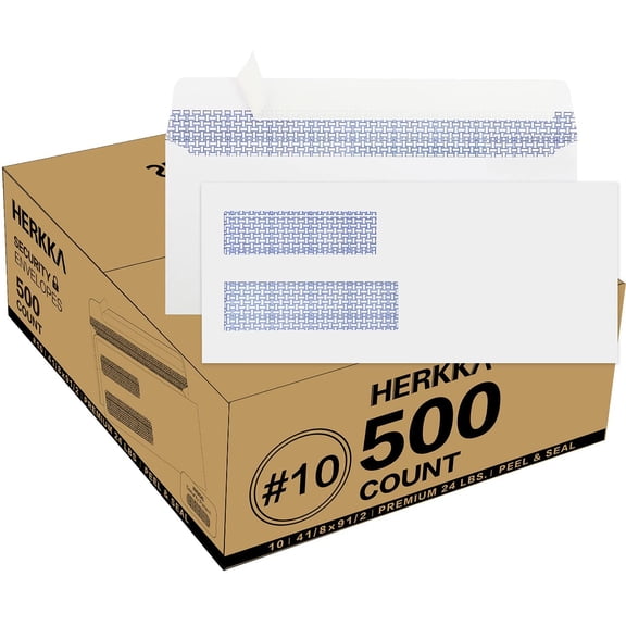 500 Pack #10 Double Window Security Self-Seal Envelopes - Suitable Size for Multiple Business Statements, Quickbooks Invoices, and Return Envelopes, Size 4-1/8 x 9-1/2 - White - 24 LB