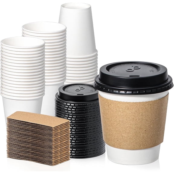 500 Pack 10 oz Disposable Coffee Cups with Lids, Sleeves, Leak-Proof To Go Coffee Cups with Lids, Durable Paper Cups for Hot Beverage, Home, Office, Party