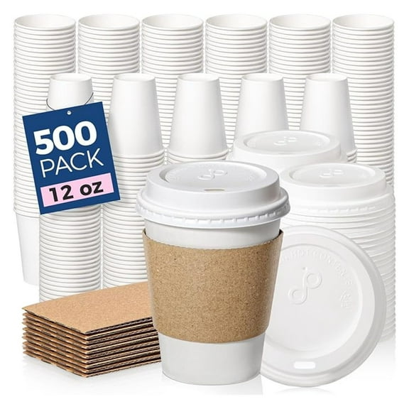 500 Pack 12 oz Disposable Coffee Cups with Lids, Sleeves, Leak-Proof To Go Coffee Cups with Lids, Durable Hot Paper Cups for Home, Office, Party, Business