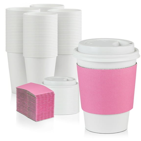 [500 Pack] 12 oz Paper Coffee Cups with Lids and Pink Sleeves, Disposable Coffee Cup, To Go Hot Cups with White Dome Lids Leak Proof for Hot/Cold Beverages, Chocolate, Tea, Juice, Party, Business