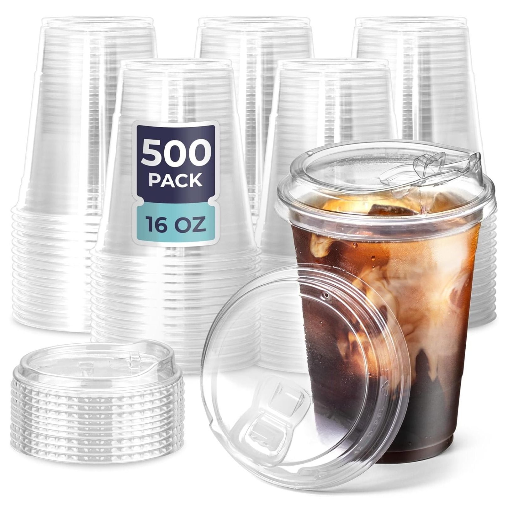 [500 Pack] 16 oz Clear Plastic Cups with Strawless Sip Lids, Disposable