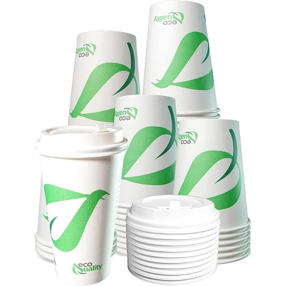 [500 Pack] 20 oz Compostable Paper Cups with White Dome Lids - Biodegradable Disposable White Paper Coffee Cups PLA Lined - Eco-friendly Hot and Cold Drinking Cups