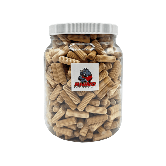 Rhino Wood Industries - 3/8" x 1 1/4" - 500 Pack Wooden Dowel Pins in Plastic Jar - Kiln Dried, Fluted, and Beveled