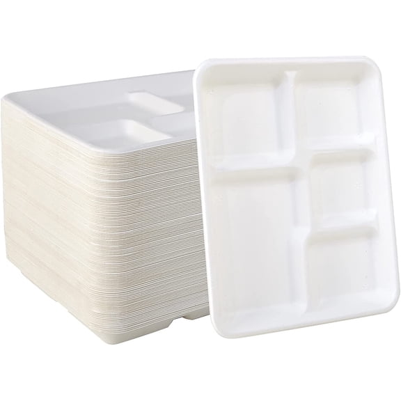 500 Pack 5 Compartment Compostable Paper Plates 10.25 x 8.5 Inch White