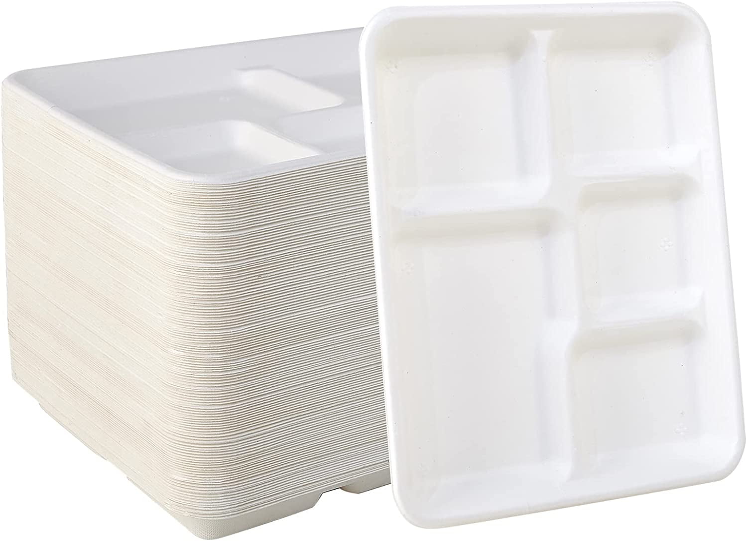 Vplus 100% Compostable 6 Compartment Plates, 90 Pack Compartment Paper Plate, 12.5 * 8.6 inch Disposable School Lunch Trays, Eco-Friendly Bagasse