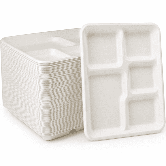 500 Pack 5 Compartment Plates, 100% Compostable Paper Plate, 10.25x8.5 inch Disposable School Lunch Trays, Eco-Friendly Bagasse Plates for School Lunch, Buffet, and Party, Perfect for Kids