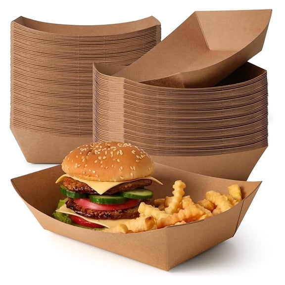 [500 Pack 5 lb Paper Food Trays Heavy Duty Disposable Food Boat, Brown Nacho Tray for Parties Fairs Picnics Carnivals, Holds Hamburger Snack Fries Grease Resistant