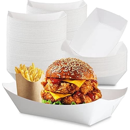 Fit Meal Prep [500 Pack 5 lb Paper Food Trays Heavy Duty Disposable Food Boats, White Nacho Tray for Parties Fairs Picnics Carnivals, Holds Hamburger Tacos Snack Fries, Grease Resistant