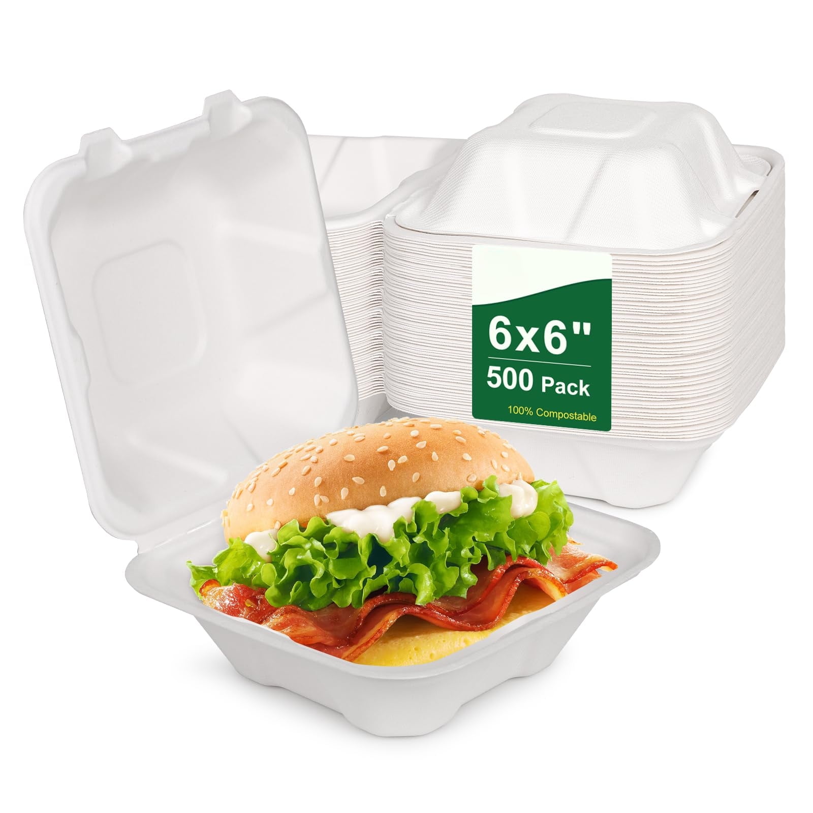 500 Pack 6x6 Inch Compostable Clamshell To Go Food Containers with lids ...