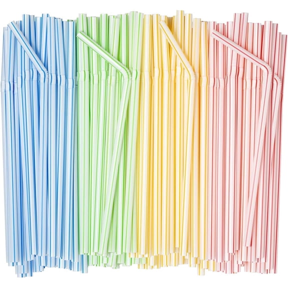 500 Pack 7.75" High Flexible Plastic Straws, Disposable Drinking Straws - Striped Assorted Colors