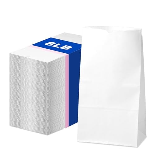 Fit Meal Prep 500 Pack 8 lb White Paper Lunch Bags, 12.4 x 6 x 4" Premium White Paper Bags Bulk for Small Business, Recyclable Snack Sacks, Durable Grocery Bag for Food Storage, Packing