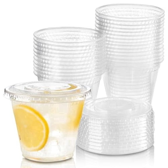Fit Meal Prep 500 Pack 9 oz Clear Plastic Cups with Flat Lids, Disposable Iced Coffee Cups, BPA Free Premium Crystal Smoothie Cup for Party, Lemonade Stand, Cold Drinks, Juice, Milkshake