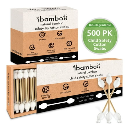 Ibambo Bamboo Baby Cotton Swabs, Double Tipped Safety Cotton Swabs, 500 Pack