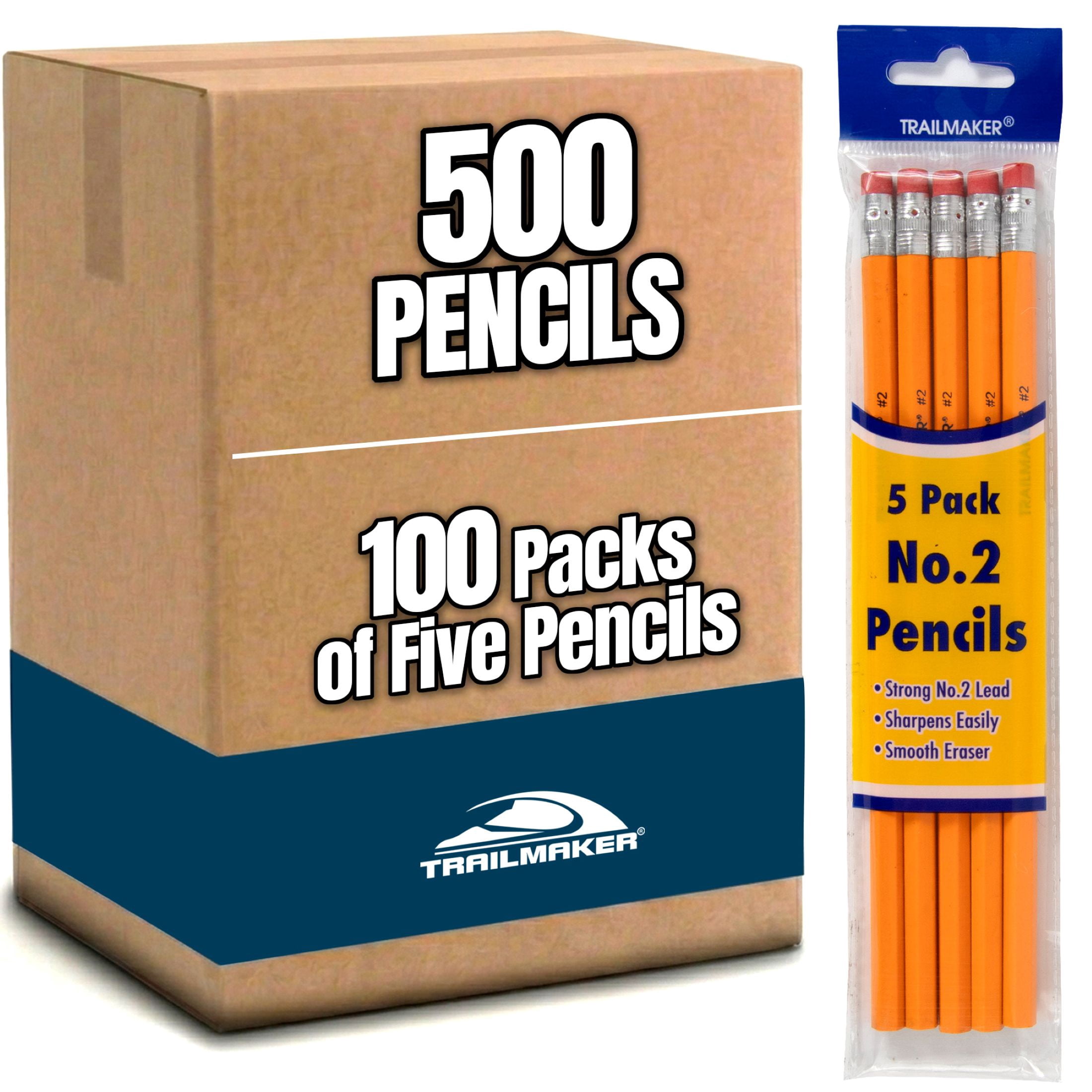 Trailmaker Wood Cased #2 HB Pencils - 500 Unsharpened Yellow Pencils in Bulk for Home, Office (100 5-Packs)