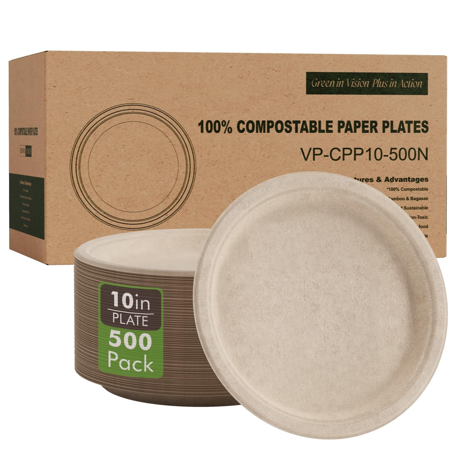 500 Pack Compostable Disposable Paper Plates 10.25 inch Super Strong Paper Plates 100% Bagasse Natural Biodegradable Eco-Friendly Sugarcane Plates(nature)