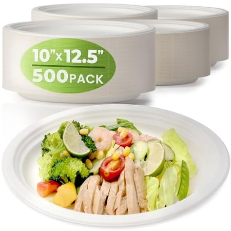 [500 Pack] Compostable Paper Plates with 3 Compartments, 9 Inch Biodegradable Round Plates, Heavy Duty Disposable Appetizer Plates with Dividers, Eco-Friendly Sugarcane Plate for Party Microwave Safe