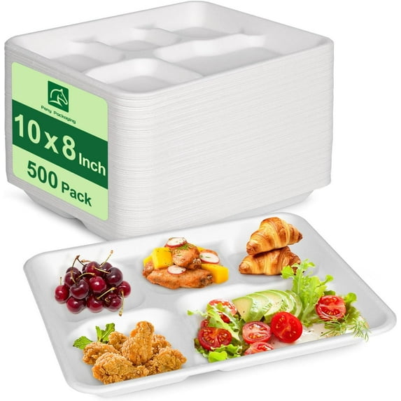 500 Pack Disposable Compartment Paper Plates, 100% Compostable 5 Compartment Plates, 10 * 8 inch Biodegradable Sugarcane Plates, Eco-Friendly School Lunch Trays