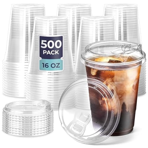 Fit Meal Prep [500 Pack] Disposable Strawless Plastic Cups with Lids - 16 Oz Clear and Sippy Lids, Perfect Eco-Friendly To Go for Iced Coffee, Smoothies, Soda Party Drinks Cafe Essentials