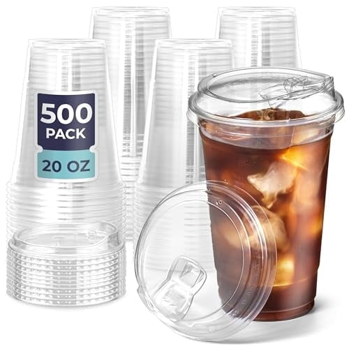 Fit Meal Prep 500 Pack 20 oz Clear Plastic Cups With Strawless Sip Lids, Disposable To Go Cups for Iced Coffee, Smoothies, Party Drinks, Soda, Bubble Tea, Cold Beverage