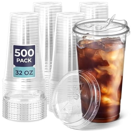 Fit Meal Prep 500 Pack 32 oz Clear Plastic Cups with Strawless Sip Lids, Disposable Plastic Coffee Cups with Lids, To Go Cup for Iced Coffee, Smoothies, Party Drinks, Soda, Bubble Tea, Cold Beverage