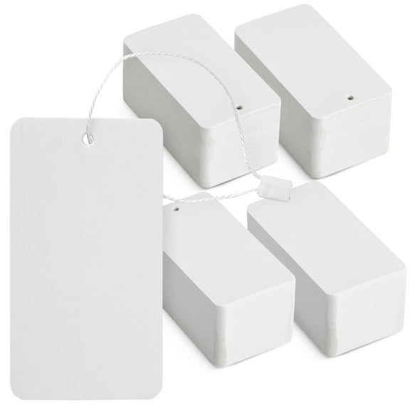 500-Pack Hang Tags With String Attached and Fasteners, Blank Writable Cardstock Paper Tags for Presents, Clothing, Shipping, Retail, Gift Bags, White (3.5x2 in)