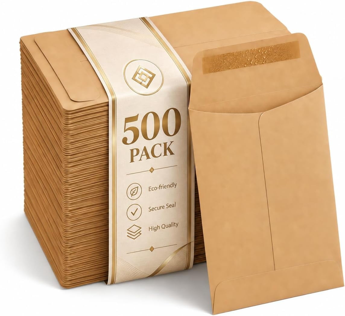 500 Pack Mini Coin Envelopes, 2.25 x 3.5 Inch Kraft Paper with Gummed ...