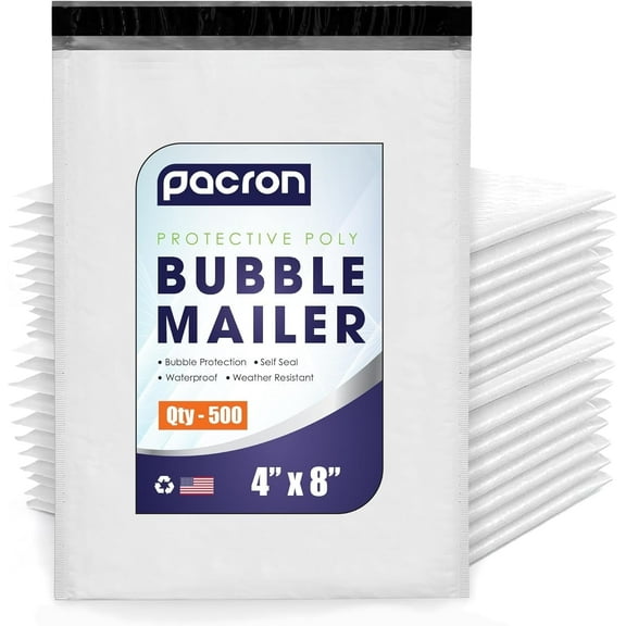 500-Pack Waterproof Poly Bubble Mailers, 4"x8", Durable Envelopes with Adhesive