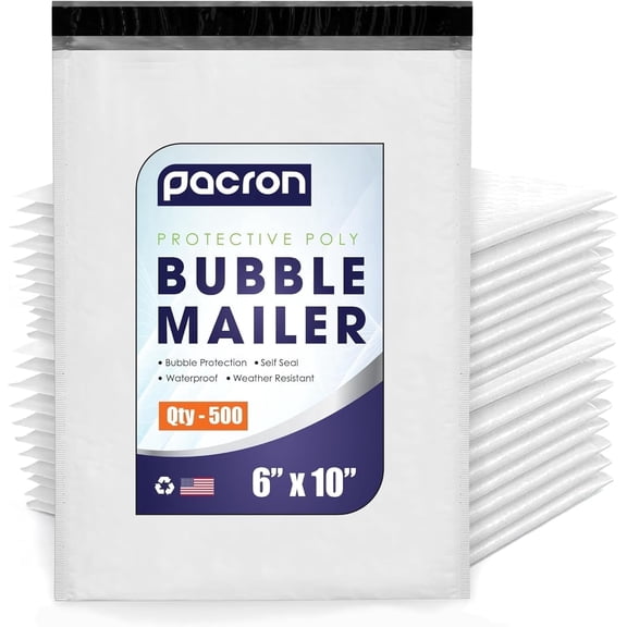 Pacron Poly Bubble Mailers 6x10 inch 500-Pack - Waterproof Self-Sealing Thick Padded Envelope for Shipping - Durable Shipping Envelopes for Clothing, Electronics & Accessories