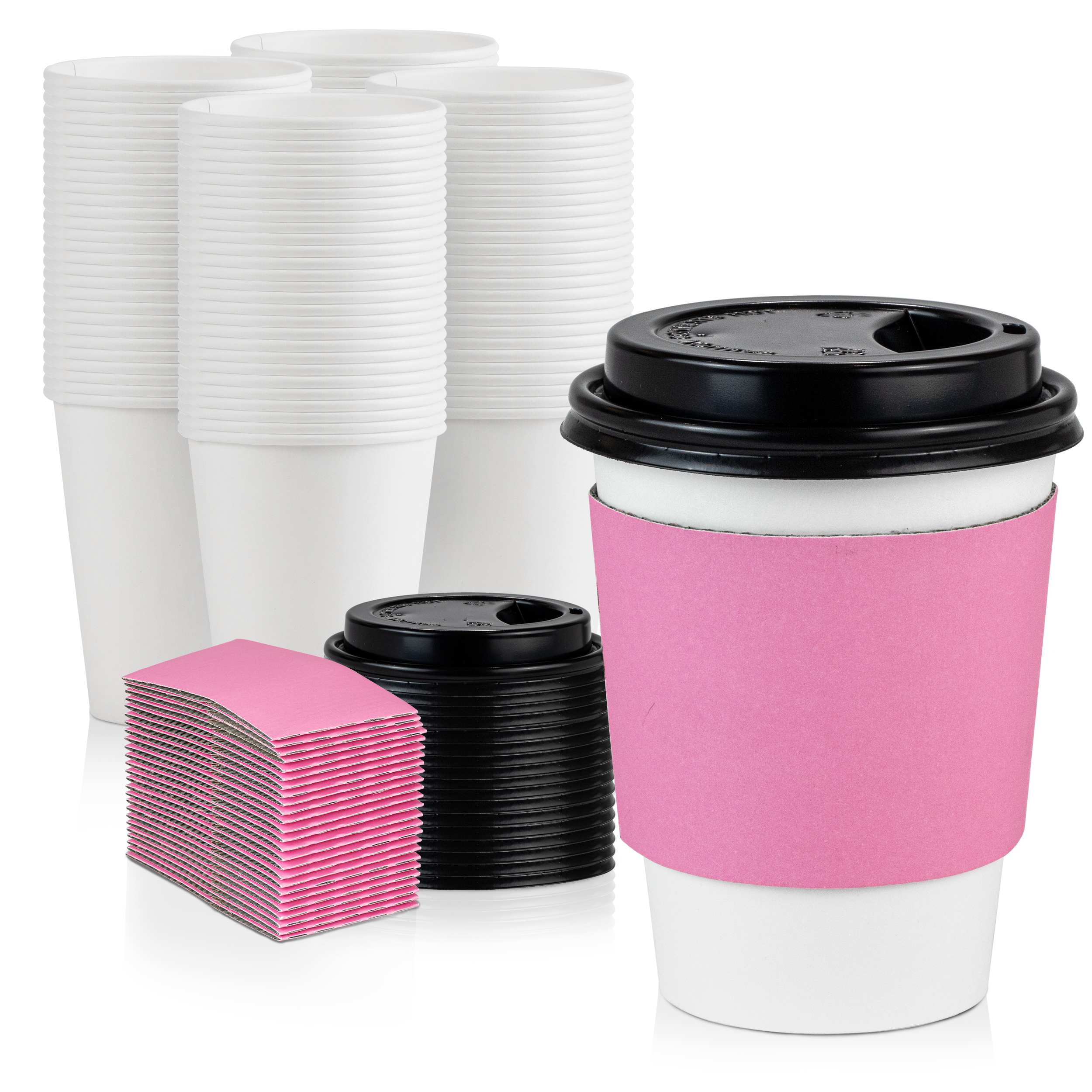 [500 Pack] White Coffee Cups with Black Dome Lids and Pink Sleeves - 12 ...