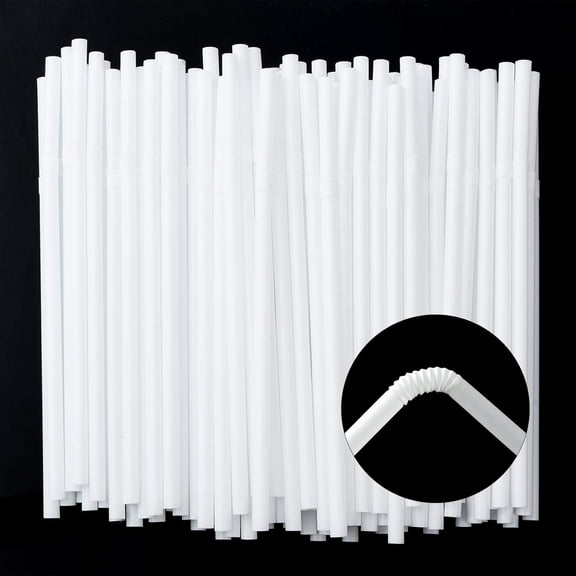 500-Pack White Flexible Plastic Drinking Straws, Solid White Disposable Bendy Straws, 7.75 inch Long