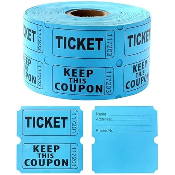 500 Pairs Raffle Tickets, Double Roll 50/50 Blue Raffle Tickets with Stub for Events, Easy Tear-Offs and Consecutive Number with Writable Back for Carnival Concert and Prize Drawings