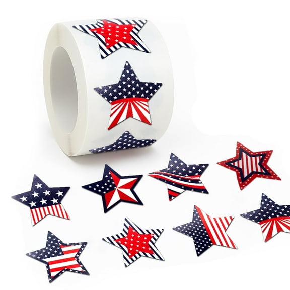 ALFEUND 500 Patriotic Star Stickers Roll 1.5 Inch American Flag Star Shape Labels, 8 Assorted Red White Blue Designs for 4th of July, Independence Day, Crafts, Gifts, Party Decor