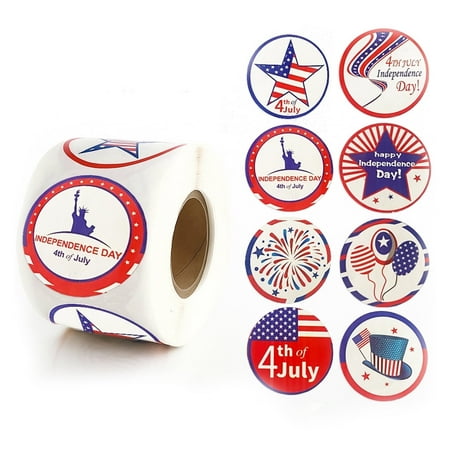 ALFEUND 500 Patriotic Stickers Roll – 1.5 Inch Round 4th of July Labels, 8 Assorted Independence Day Designs, Red White Blue USA Flag Stickers for Party, Envelopes, Cards, Gifts