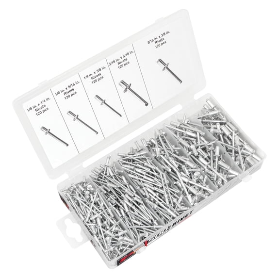 Performance Tool W5228 Aluminum Rivet Assortment Tool Set in a Re-Sealable Plastic Case, (500-Piece)