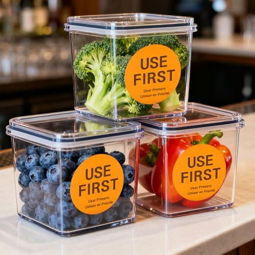 500 Pcs 1.5 Inch Use First Stickers Food Service Roll, Tekola Orange FIFO Label for Restaurant Inventory Control Management, Permanent Super Adhesive Food Circle Dot Labels, Trilingual Product Label