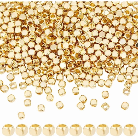 500 Pcs 14K Gold Plated Cube Spacer Beads 2mm Brass Spacer Beads Alloy Square Loose Spacer Beads for DIY Craft Bracelet Necklace Jewelry Making 1.2mm Hole for DIY