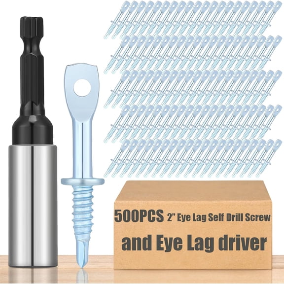 500 Pcs 2" Eye Lag Self Tapping Drilling Point Screw Zinc and 1pcs 2-5/8" Driver, Sturdy Eye Lag Self Drill Screw for Accommodates Jack Chain Ceiling Wire or Threaded Rod