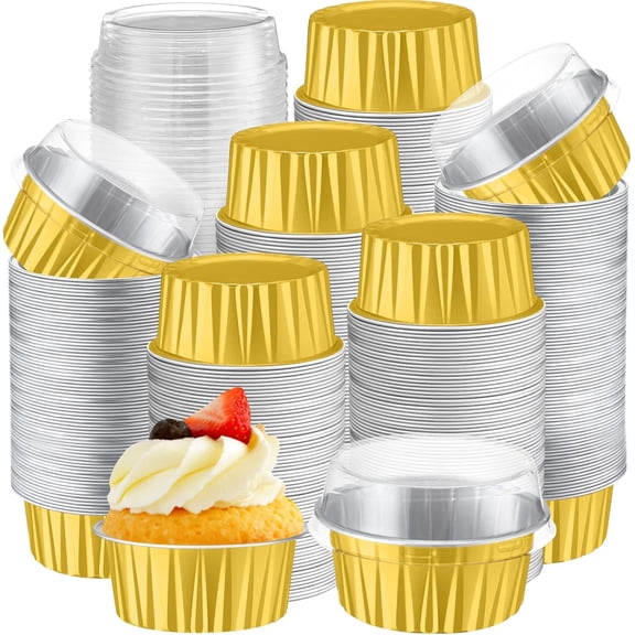 500 Pcs Aluminum Foil Baking Cups with Lids 5 oz Disposable Ramekins Mini Cake Pans Creme Brulee Cupcake Liners Muffin Dessert Containers Classic Gold