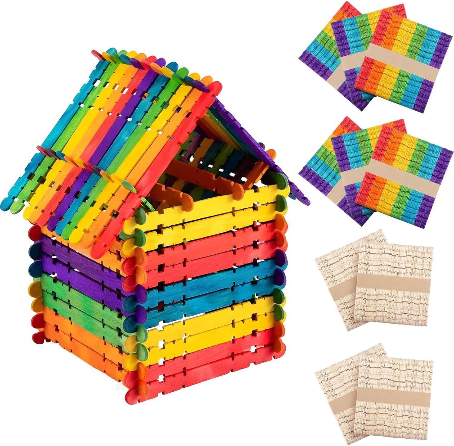 500 Pcs Connectable Sawtooth Popsicle Sticks - 4.5'' Colored and Natural Wood Craft for Kids' Arts Crafts Projects in the Classroom Home