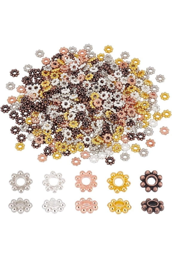 500 Pcs Daisy Flower Spacer Beads 5 Colors 5mm Alloy Daisy Beads Mini Snowflake Loose Beads Metal for DIY Bracelet Necklace Antique Jewelry Making