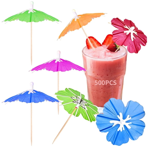 500 Pcs Tropical Flower Drink Umbrellas & Skewers | Disposable Colorful Bamboo Cocktail Picks | Party Decor Cocktail for  Fruit Salad, Drinks, Cakes (3.94'')