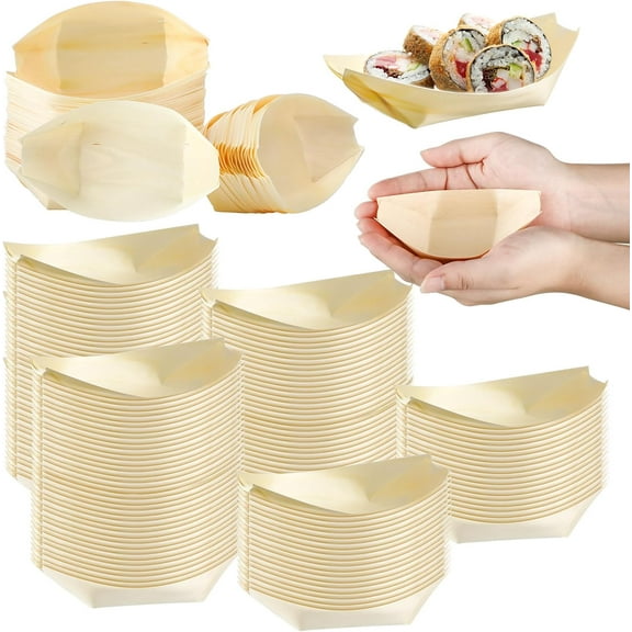 500 Pcs Disposable Wood Boat Plates Dishes 4 Inches Bamboo Plates Sushi Boat Disposable Bamboo Leaf Dish Serving Tray Food Container Wood Bowl For Catering Home