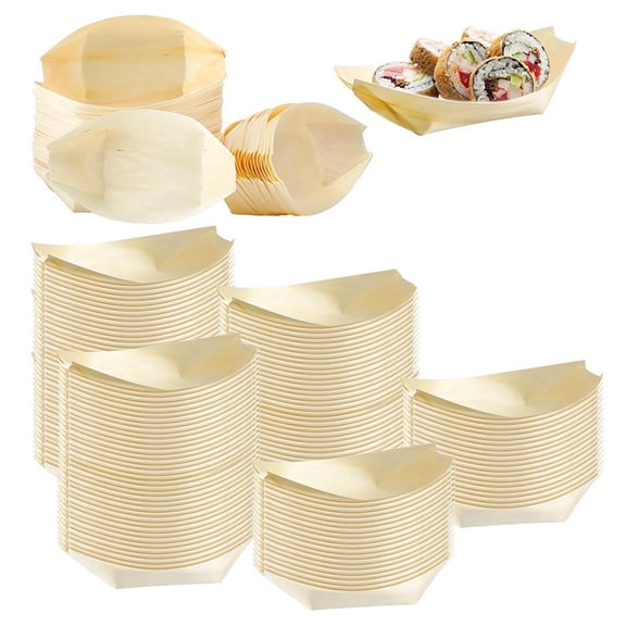 500 Pcs Disposable Wood Boat Plates Dishes 4 Inches Bamboo Plates Sushi Boat Disposable Bamboo Leaf Dish Serving Tray