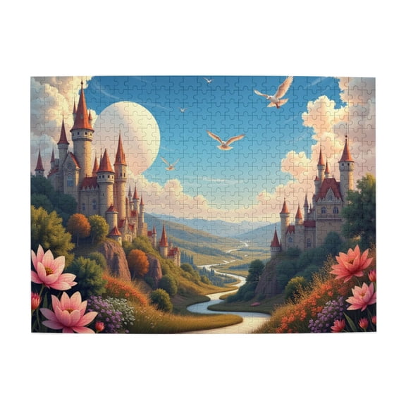 500 Pcs Fairytale Castle Jigsaw Puzzle Enchanting Landscape With Birds River Challenging Adult Puzzle Relaxing Hobby Beautiful Home Decor Unique Gift Idea Toys for Men Women Elders Birthday Gift