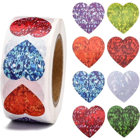 500 Pcs Glitter Heart Stickers for Reward 1 Inch Holographic Metallic Foil Heart Shaped Stickers Valentines Heart Stickers Roll Teacher Supplies and Student Planner